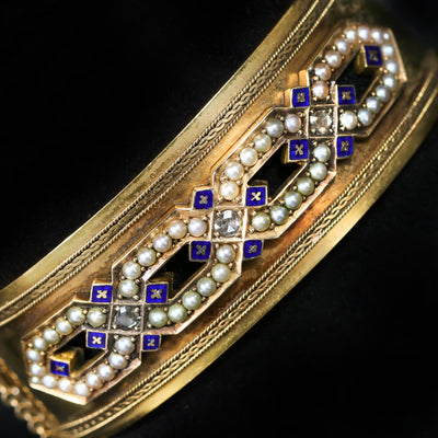 Victorian 14K Yellow Gold Pearl, Diamond, and Blue Enamel Bangle Bracelet