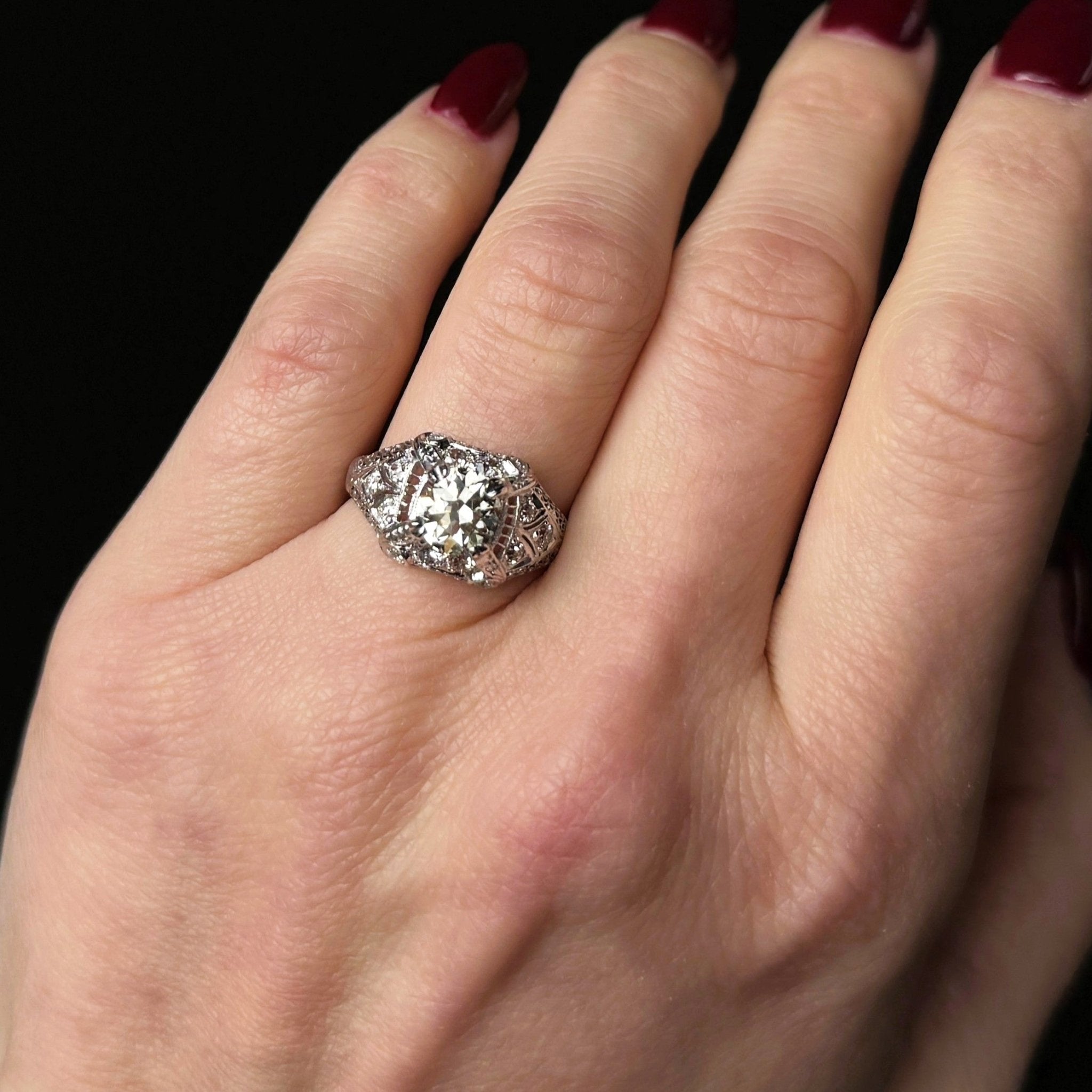 Art Deco Platinum 1.42 Carat Old European Cut Diamond Engagement Ring - Walton's Jewelry