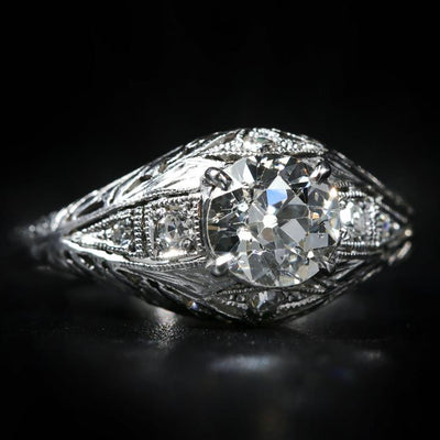 Art Deco Platinum 0.92 Carat Old European Cut Diamond Engagement Ring