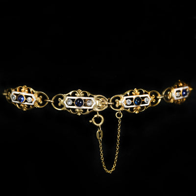 Art Nouveau 1.00 CTW Sapphire Cabochon, Diamond, and White Enamel Bracelet