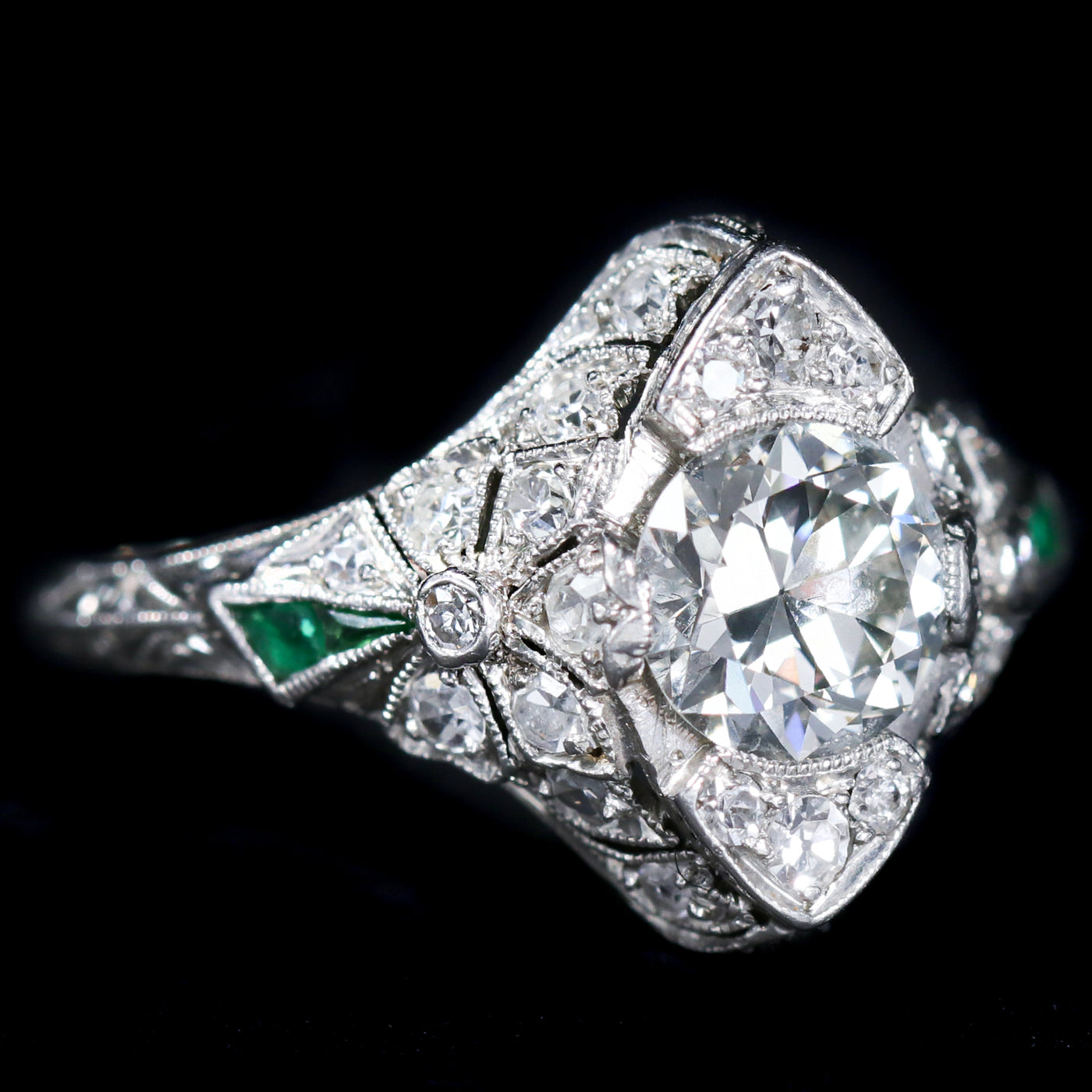 Art Deco Platinum 1.00 Carat Diamond and Emerald Engagement Ring