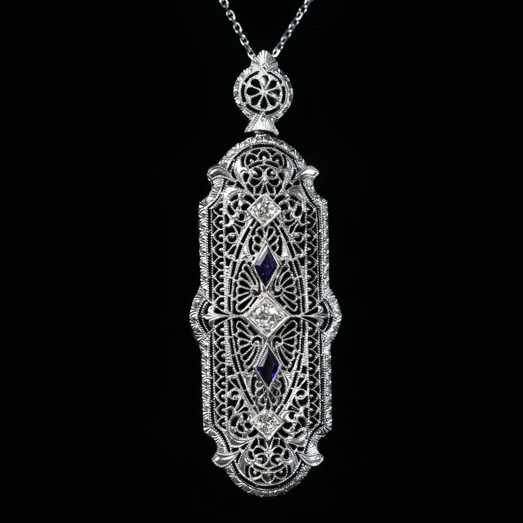 Art Deco Diamond and Synthetic Sapphire Filigree Pendant/Brooch - Walton's Jewelry