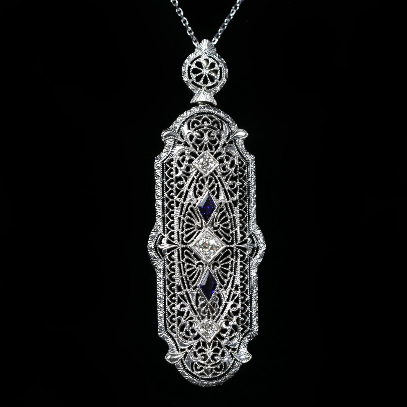 Art Deco Diamond and Synthetic Sapphire Filigree Pendant/Brooch