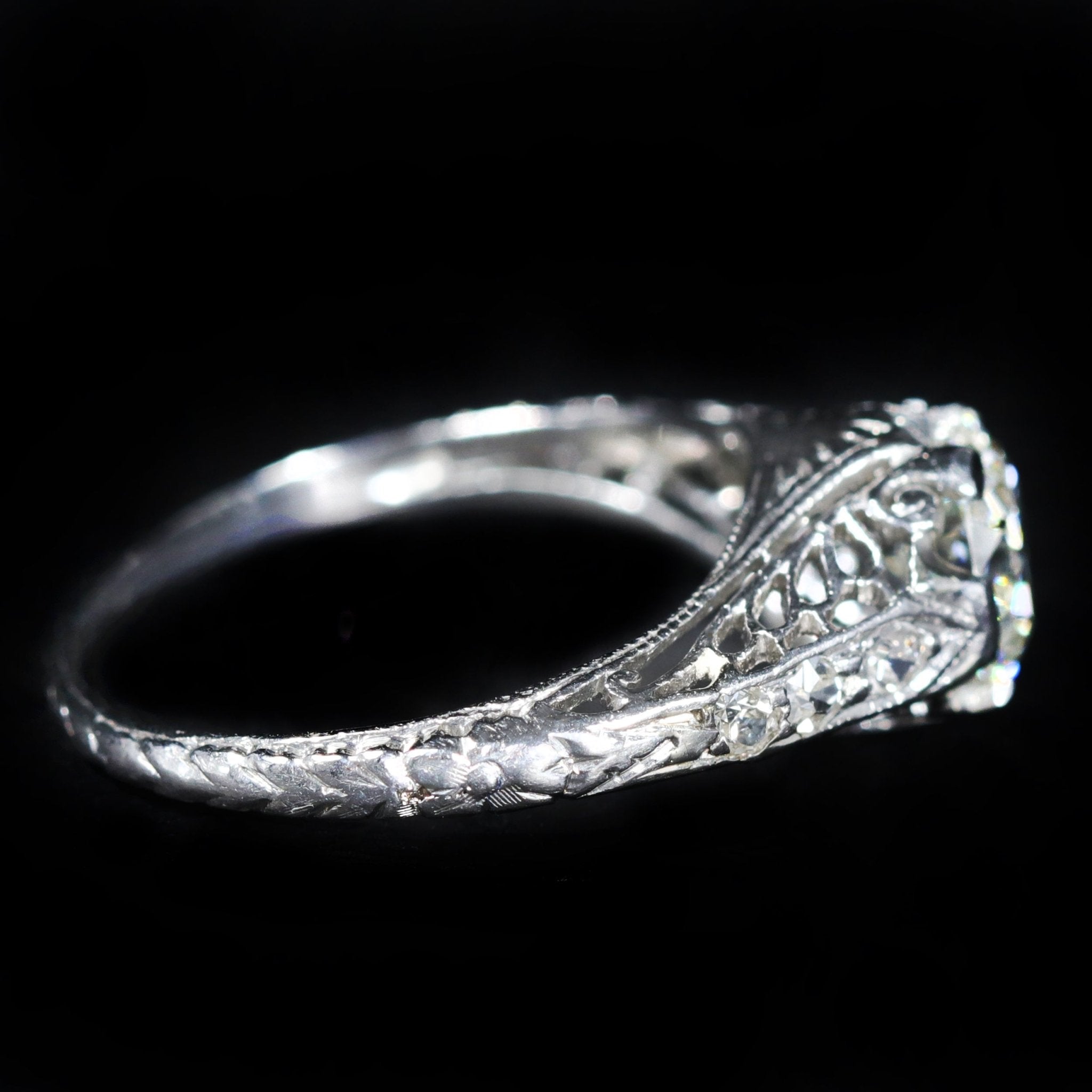 Art Deco Platinum 0.90 Carat Old European Cut Diamond Engagement Ring - Walton's Jewelry