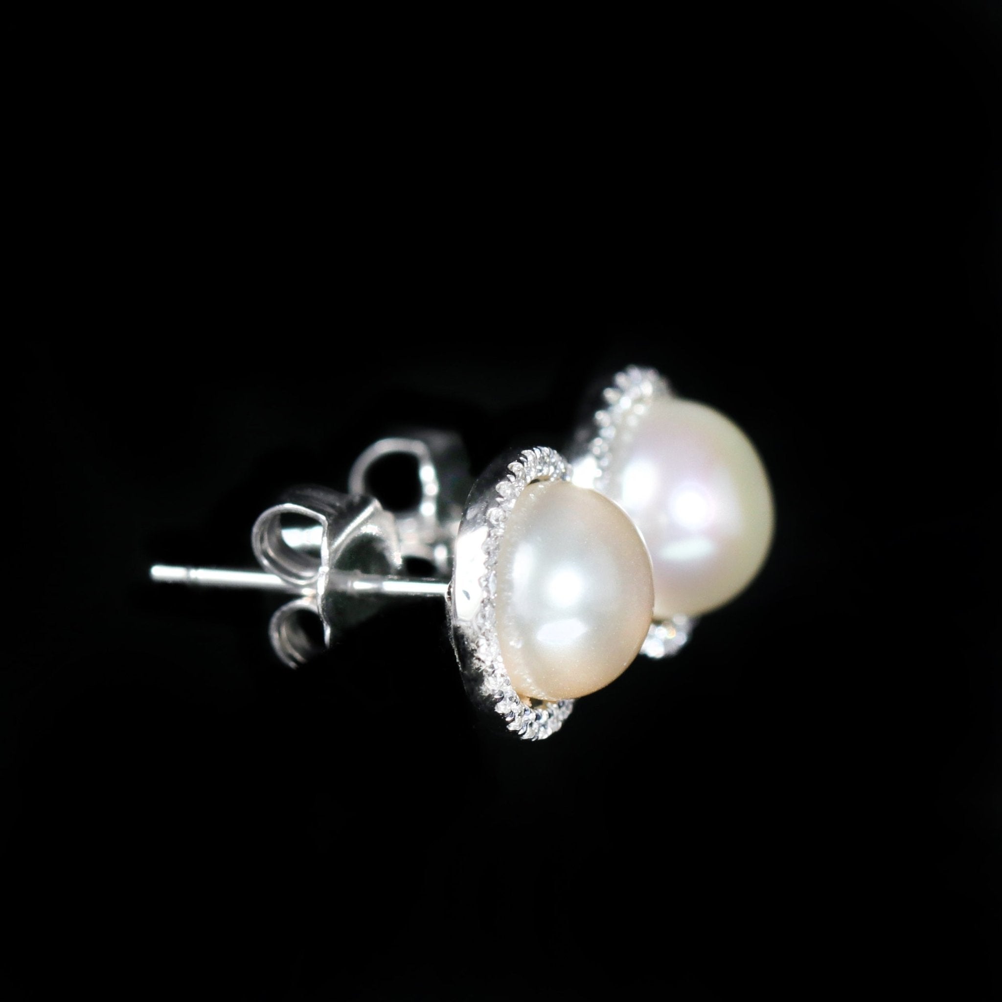 14K White Gold Pearl and Diamond Halo Stud Earrings - Walton's Jewelry