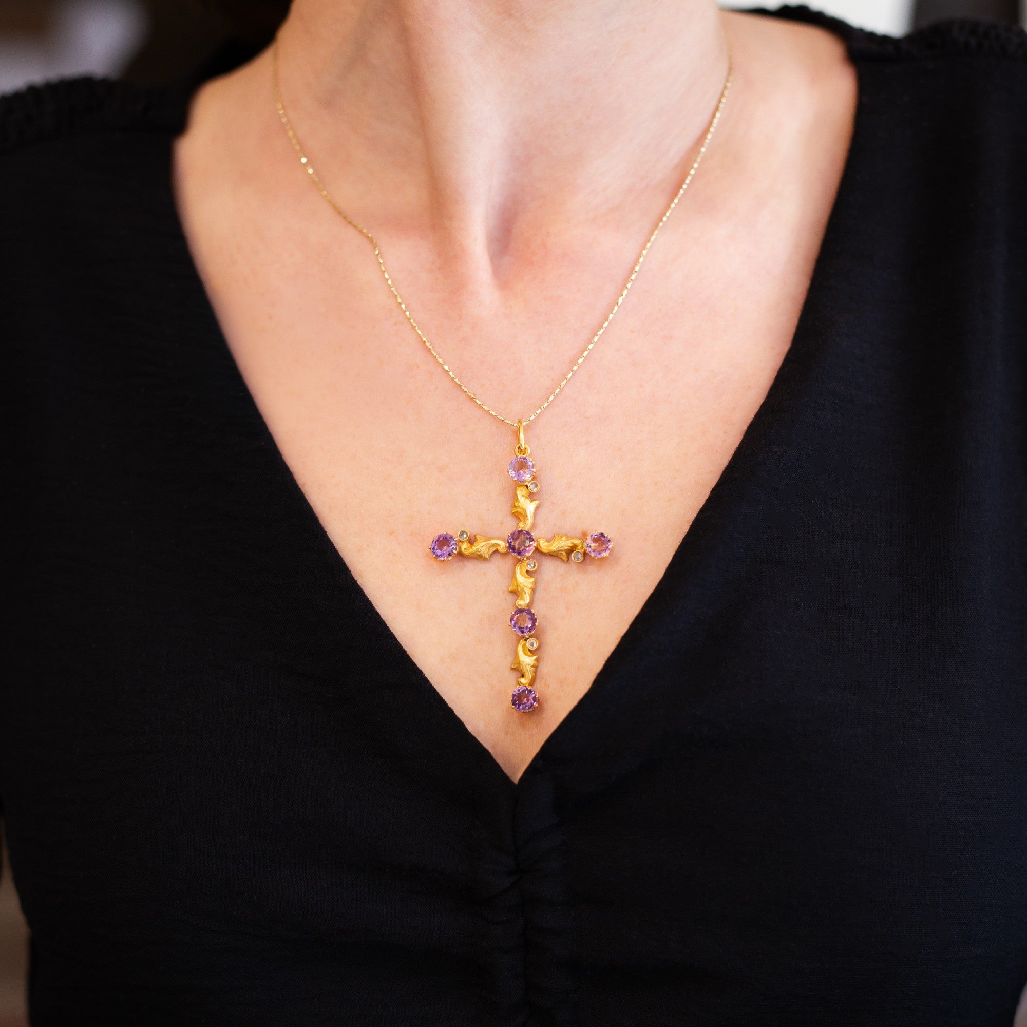 Art Nouveau 18K Yellow Gold 4.85 CTW Amethyst and Diamond Cross
