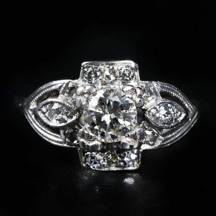 Late Art Deco Platinum 0.46 Carat Transitional Cut Diamond Ring