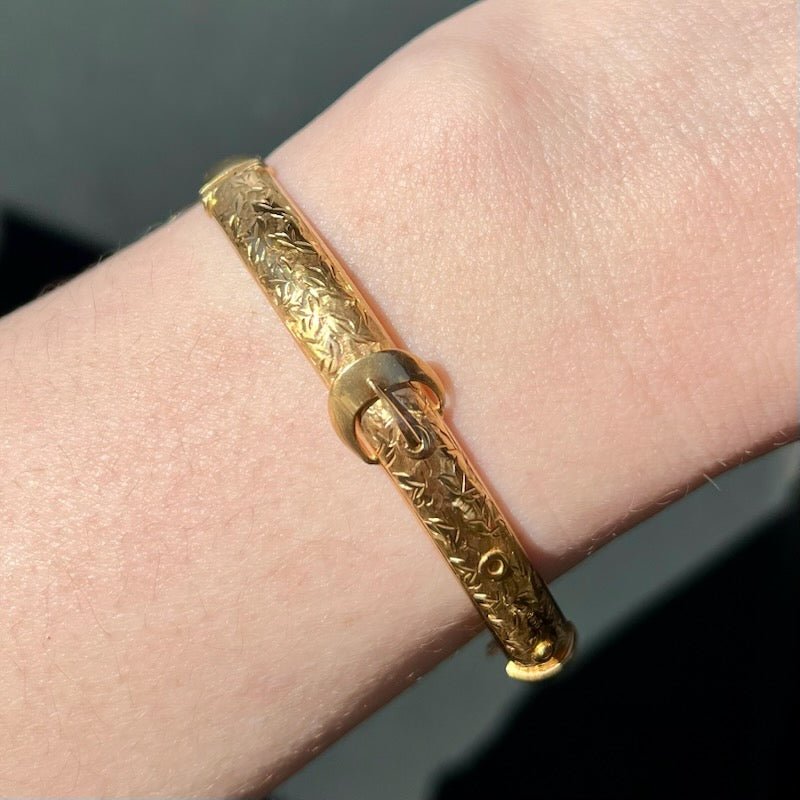 Victorian 9K Yellow Gold Buckle Bangle Bracelet - Walton's Jewelry