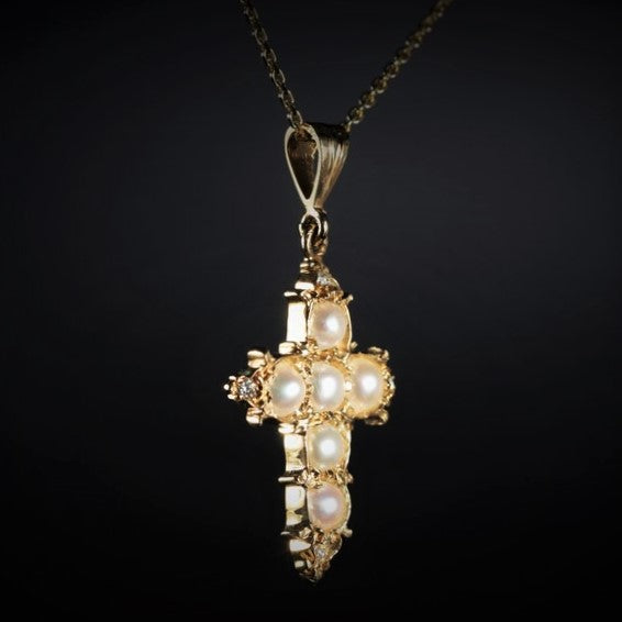 14K Yellow Gold Pearl and Diamond Cross Pendant