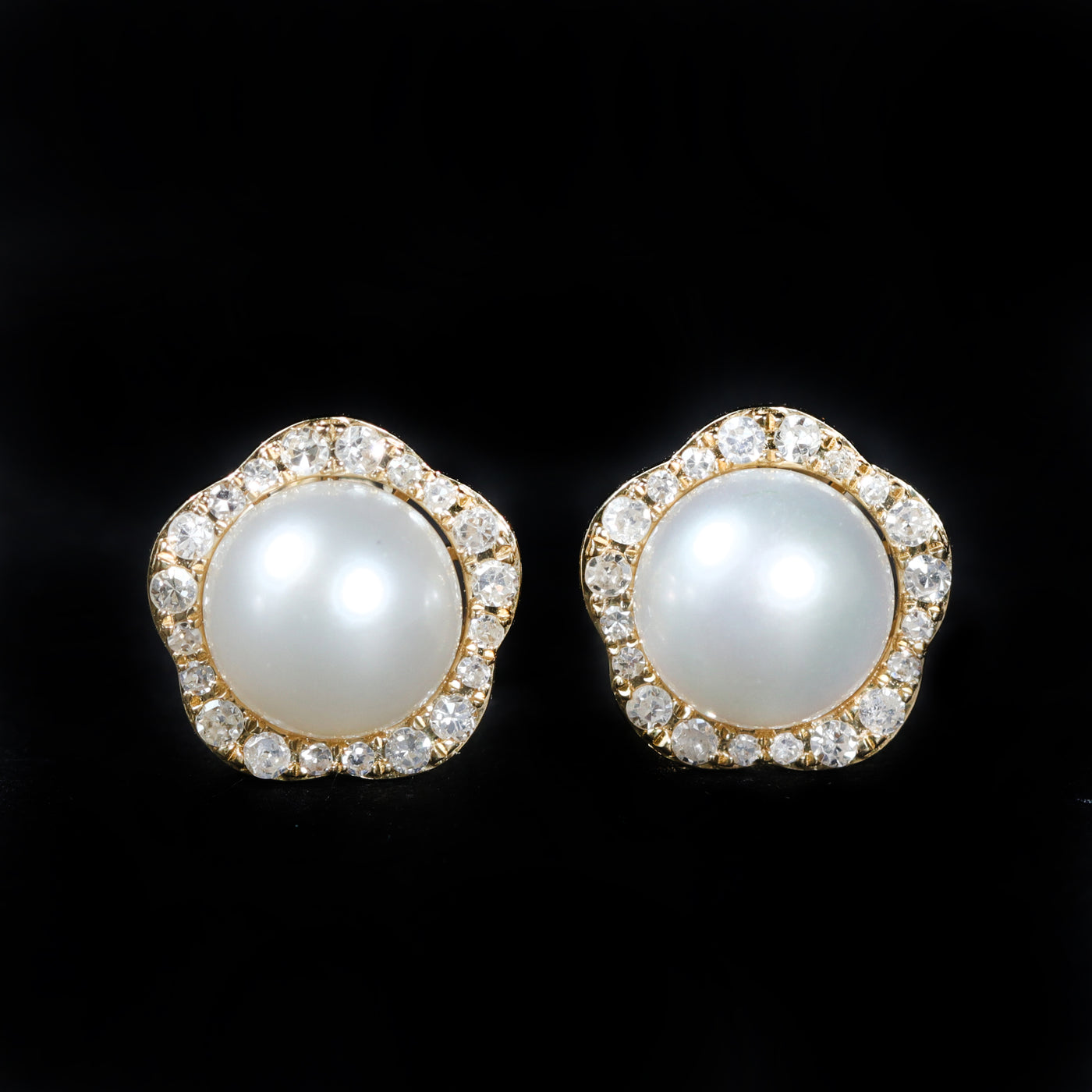 14K Yellow Gold Pearl and Diamond Stud Earrings