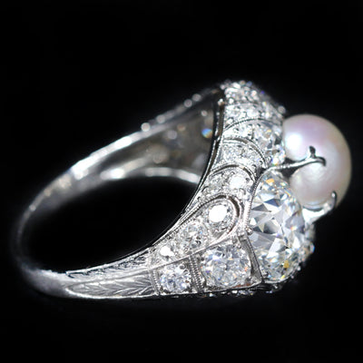 Art Deco Platinum 7.05 CTW Diamond and GIA Natural Pearl Ring