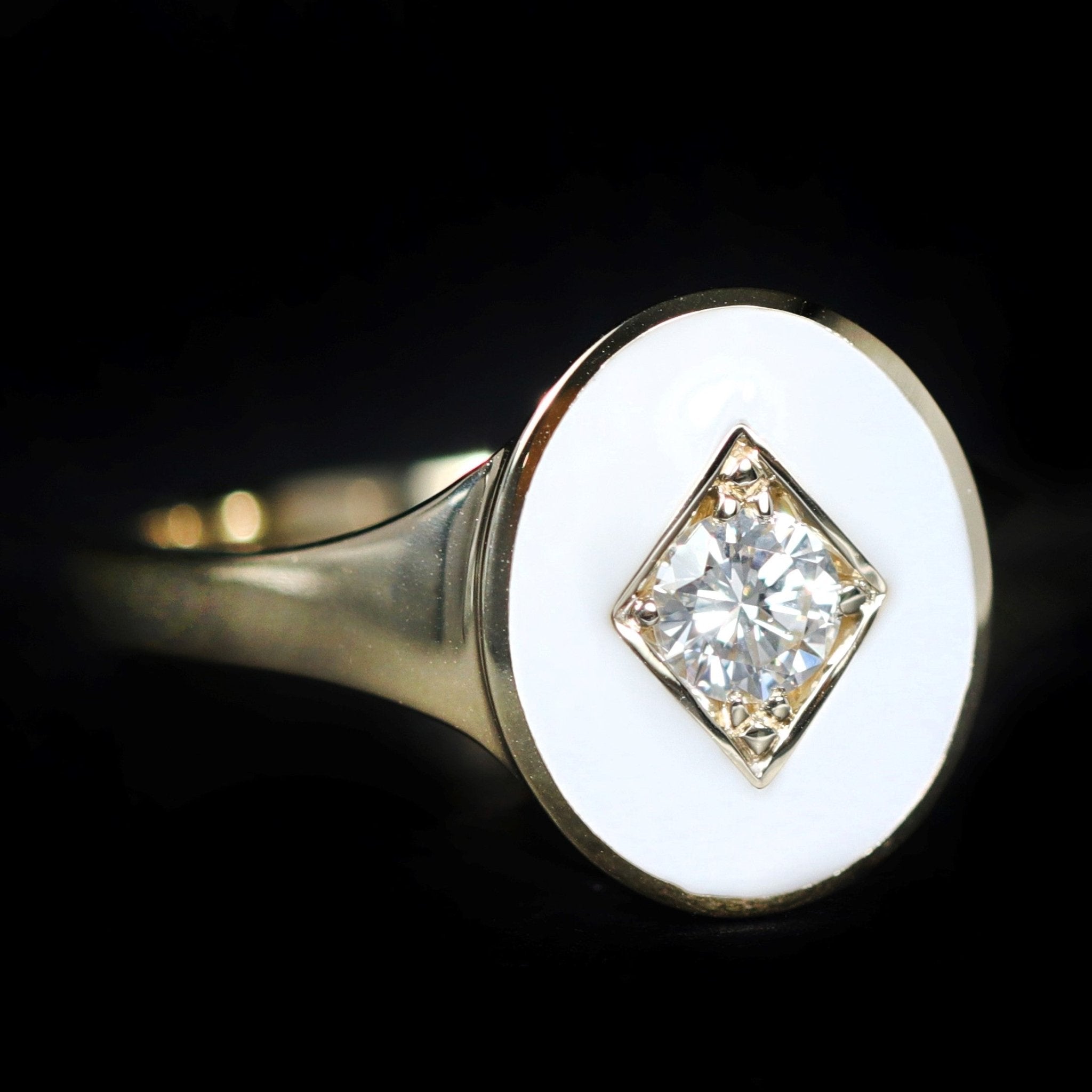 14k Yellow Gold 0.18 Carat Diamond and Enamel Signet Ring - Walton's Jewelry