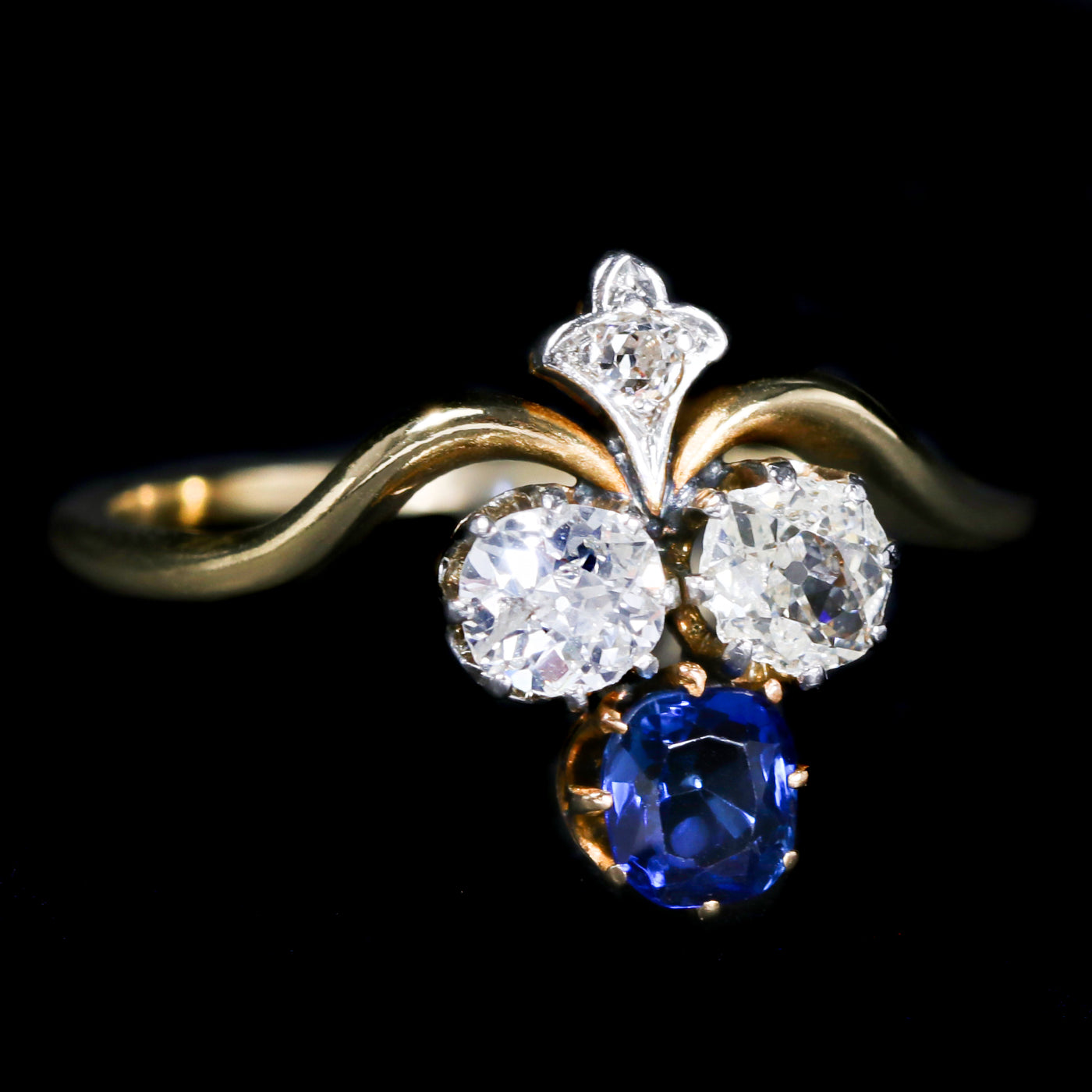 Art Nouveau Old Mine Cut Diamond and Sapphire Tiara Ring