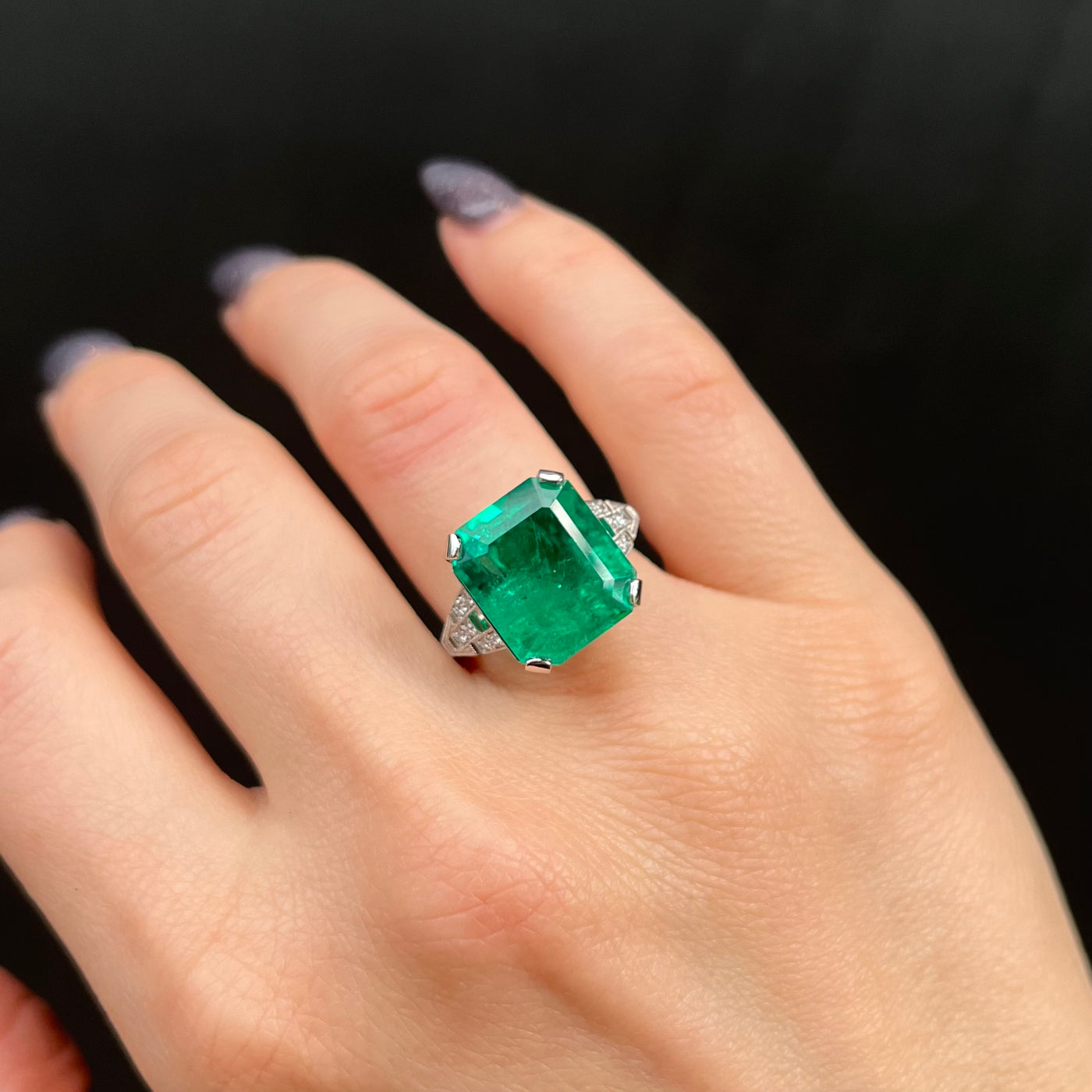 Platinum AGL 9.38 Carat Emerald and Diamond Ring