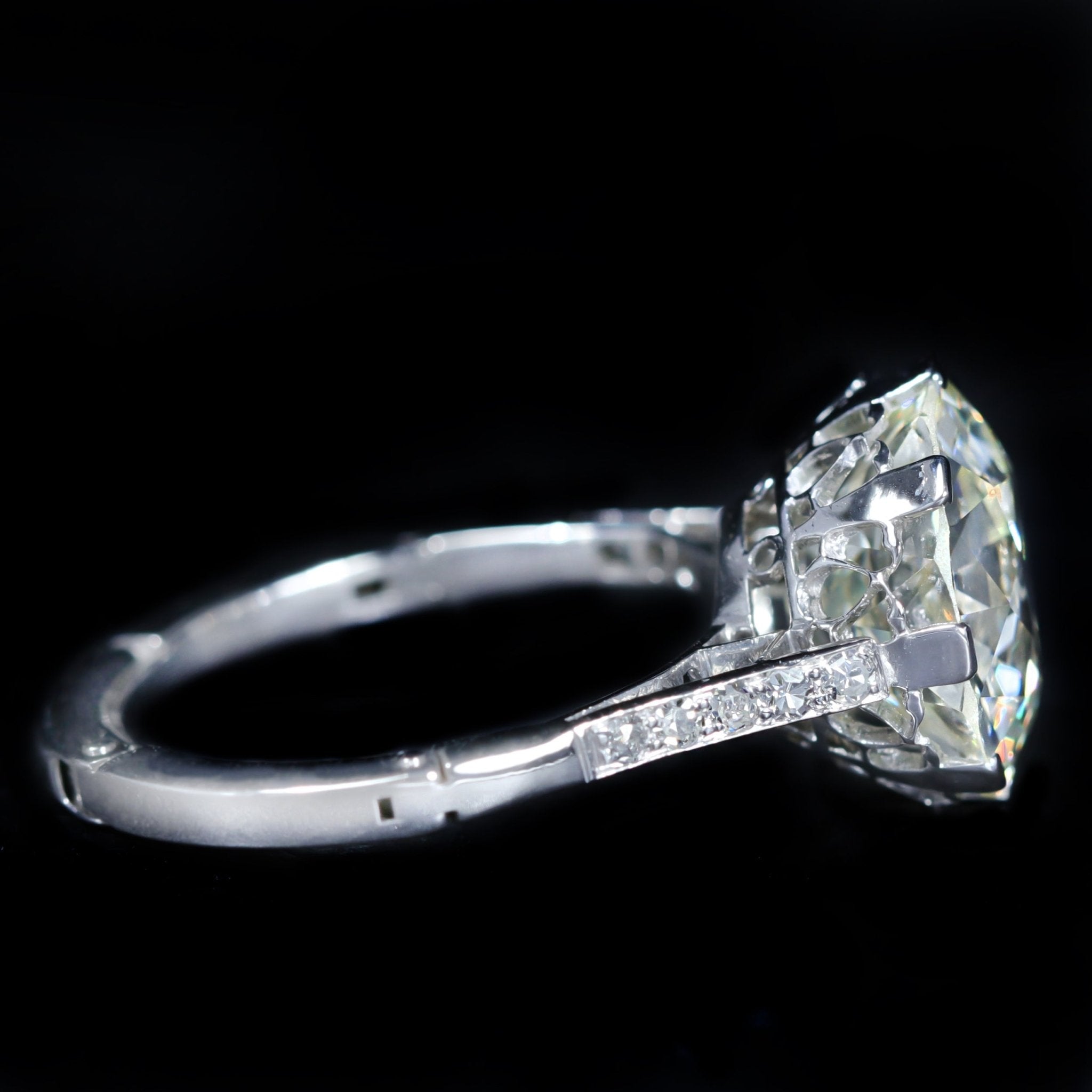 Art Deco Platinum 5.91 Carat Old European Cut Diamond Engagement Ring - Walton's Jewelry
