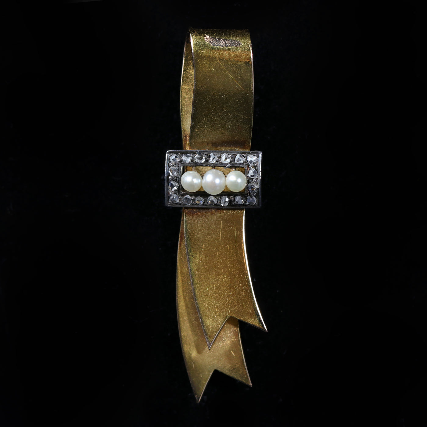 Victorian 14K Yellow Gold Pearl and Diamond Ribbon Brooch