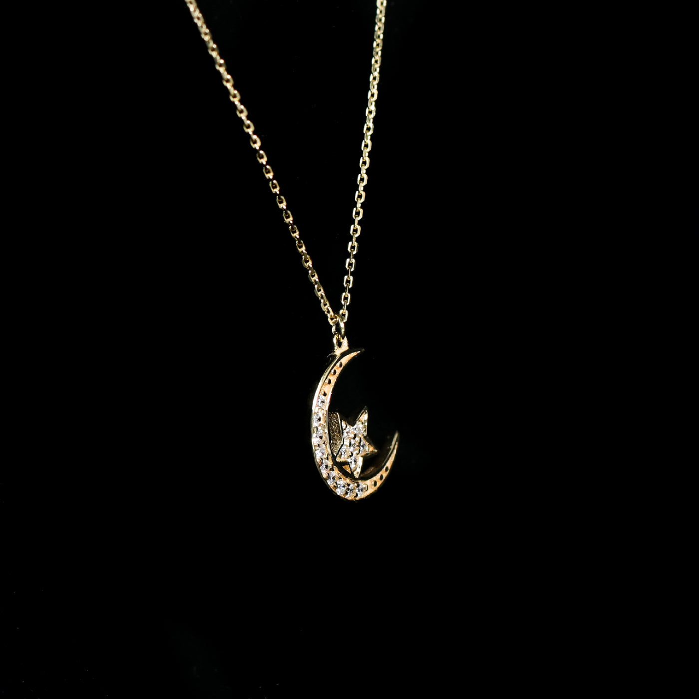 14k Yellow Gold Diamond Crescent Moon and Star Necklace