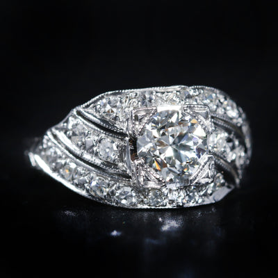 Art Deco Platinum 0.88 Carat Old European Cut Diamond Engagement Ring