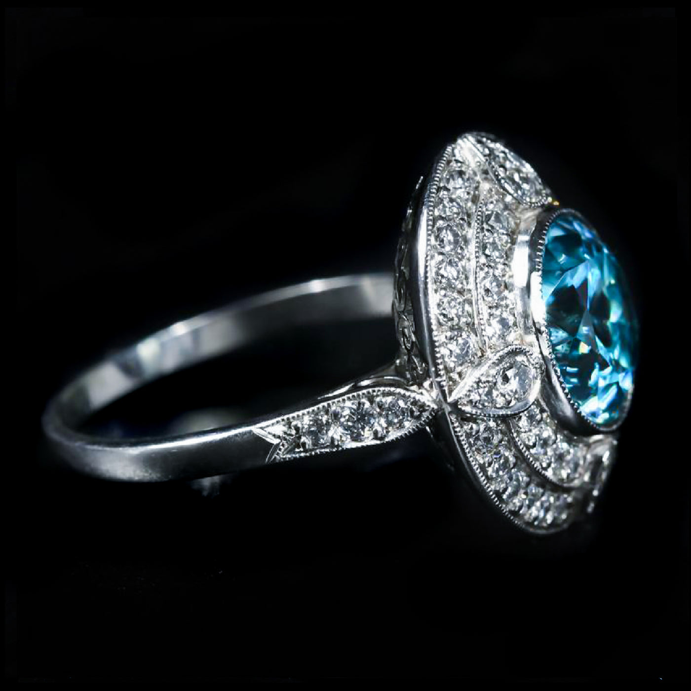 Estate Platinum 3.96 Carat Blue Zircon and Diamond Ring