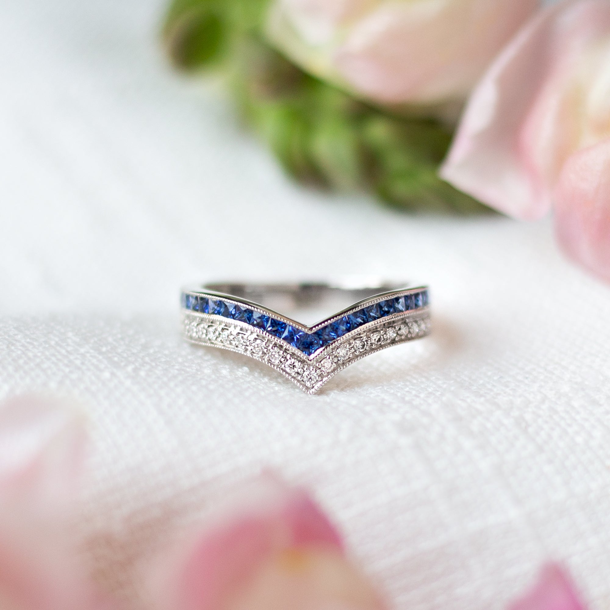 Platinum 0.16 Carat Diamond and French Cut Blue Sapphire Curve Band - Walton's Jewelry