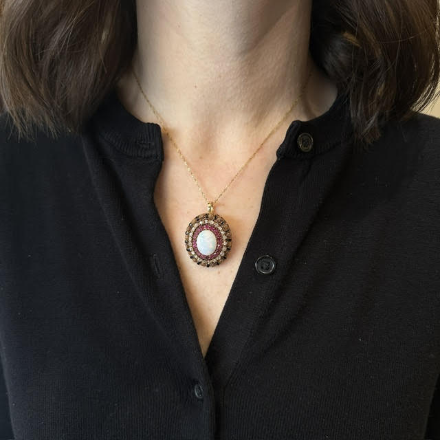 Victorian 18K Yellow Gold Opal. Ruby, Diamond, and Black Enamel Pendant - Walton's Jewelry