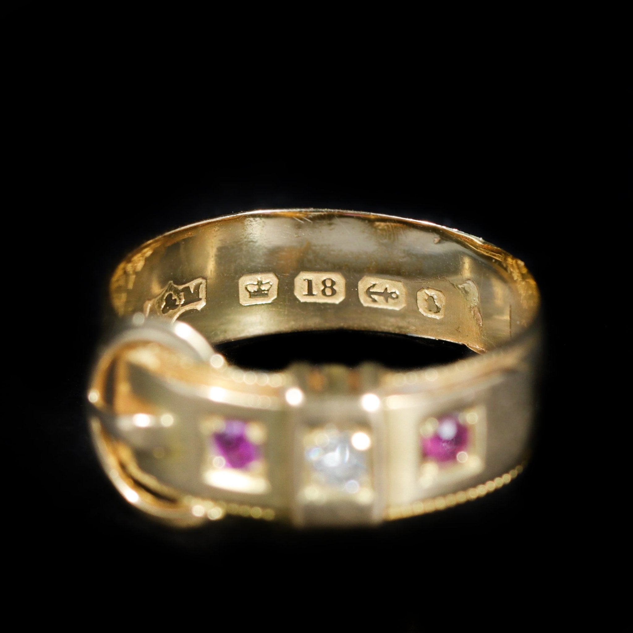 Victorian 18K Yellow Gold Diamond and Ruby Buckle Ring - Walton's Jewelry