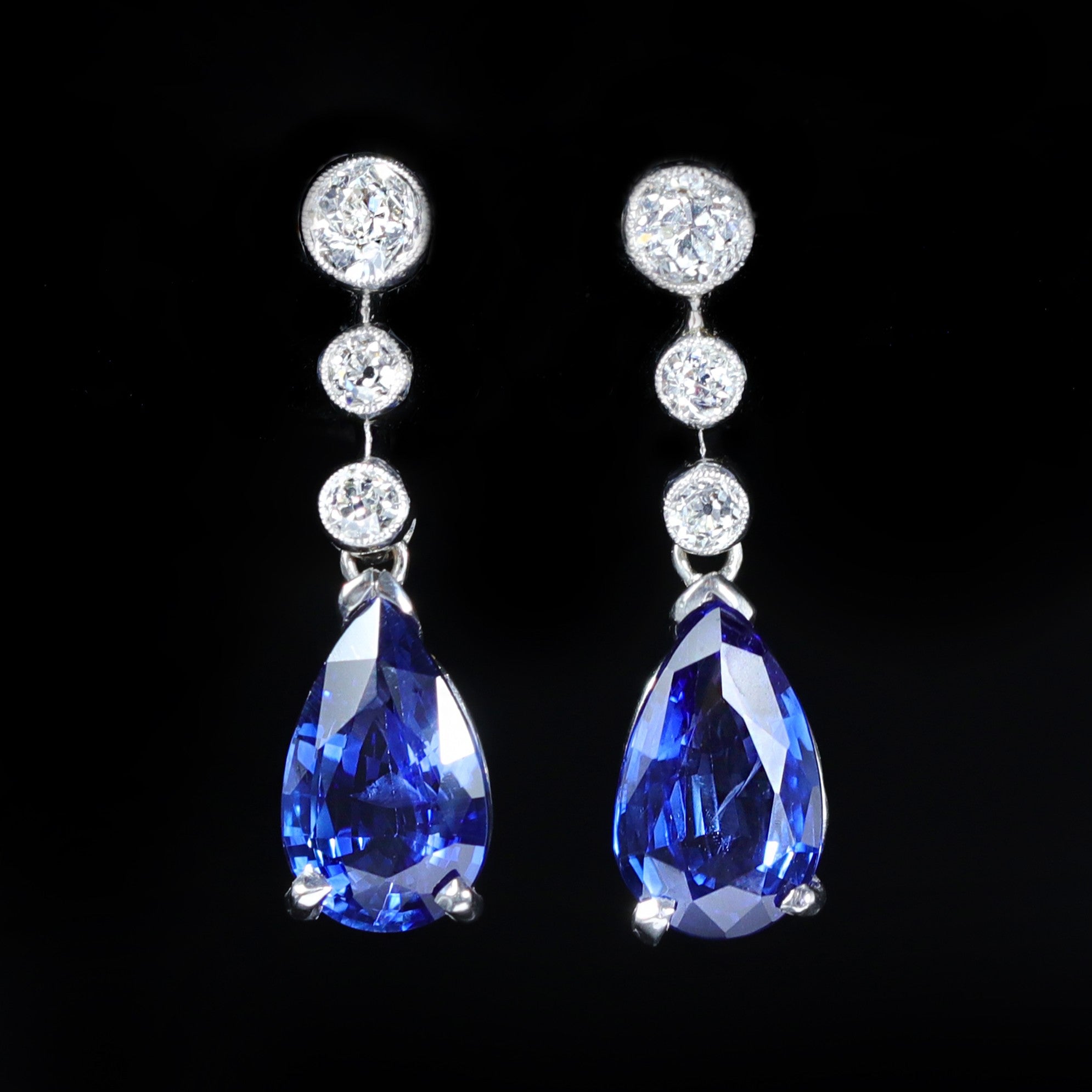 Estate Platinum 3.00 CTW Sapphire and Diamond Drop Earrings - Walton's Jewelry