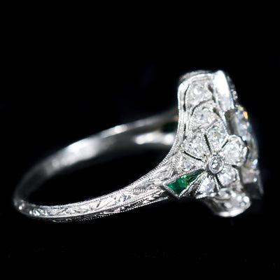 Art Deco Platinum 1.00 Carat Diamond and Emerald Engagement Ring
