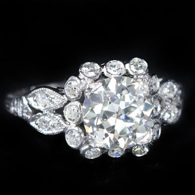 Art Deco Platinum 1.68 Carat Old European Cut Diamond Engagement Ring