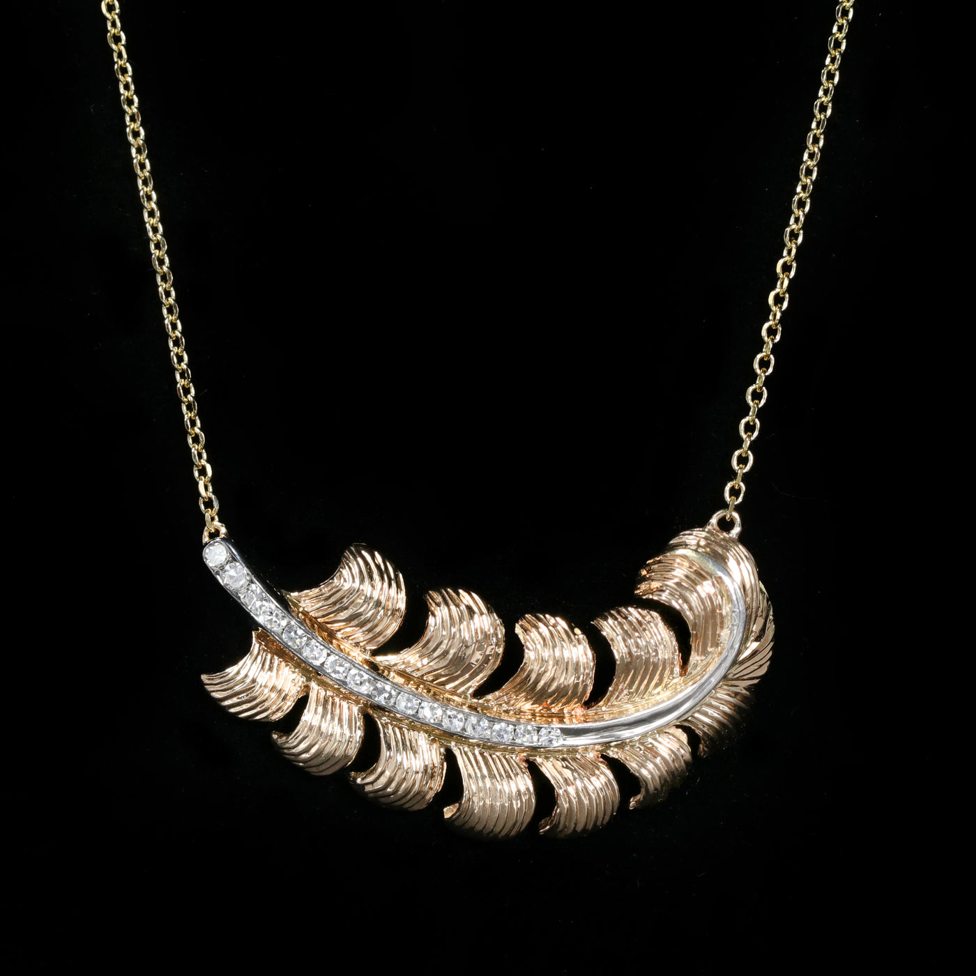 Mid-Century 14K Yellow Gold Diamond Feather Necklace