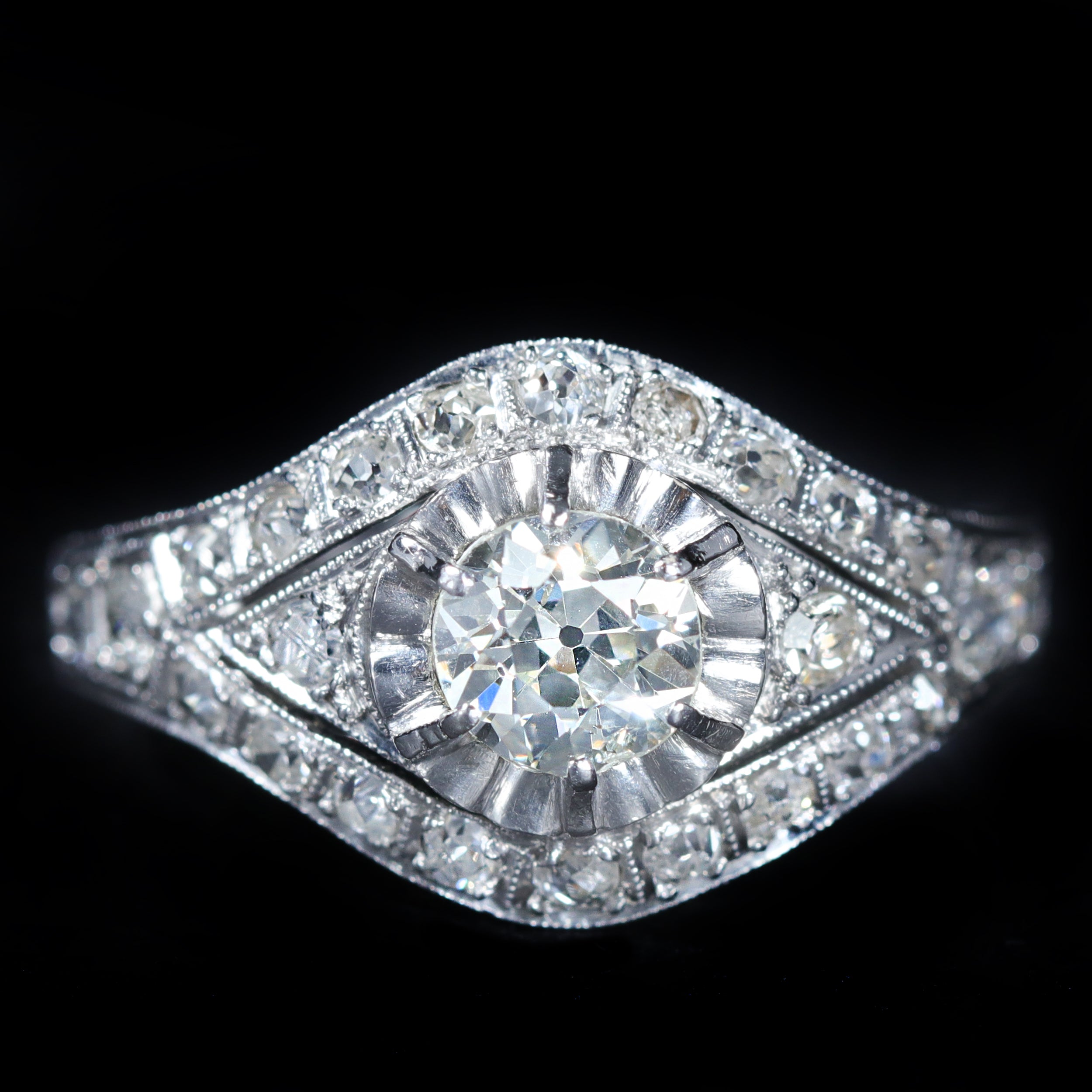 Art Deco Platinum 0.73 Carat Old Mine Cut Diamond Engagement Ring