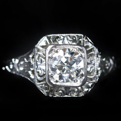 Art Deco Platinum 0.55 Carat Old European Cut Diamond Ring