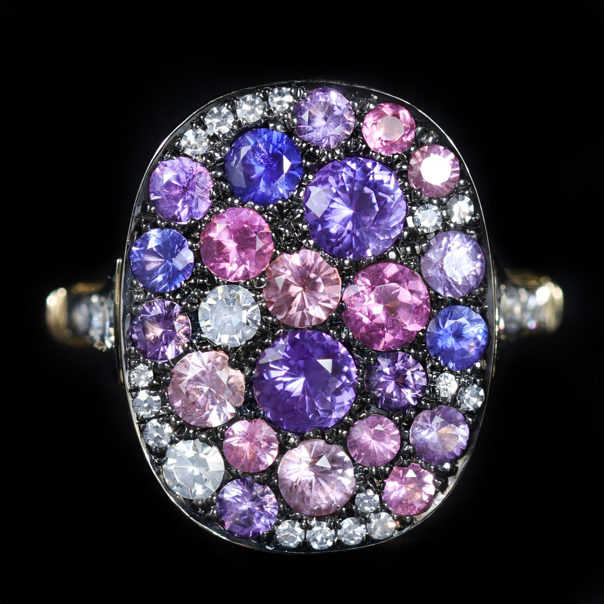 14K Yellow Gold Multi-Colored Gemstone and Diamond Pavé Ring