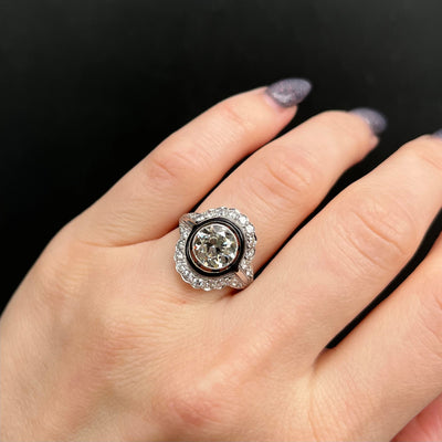 Art Deco GIA 2.15 Carat Old European Cut Diamond and Black Enamel Engagement Ring