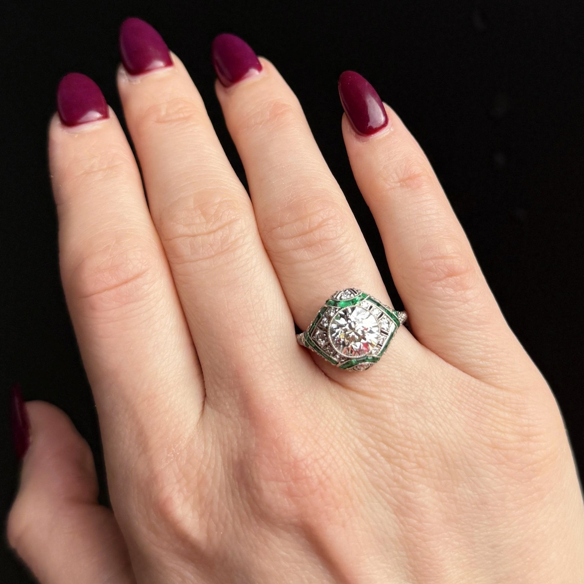 Estate 2.35 Carat Old European Cut Diamond and Emerald Engagement Ring - Walton's Jewelry