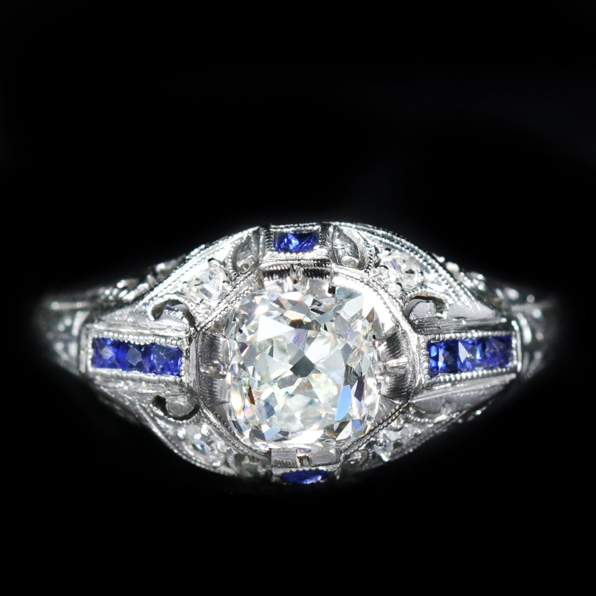 Art Deco 1.14 Carat Old Mine Cut Diamond and Sapphire Engagement Ring - Walton's Jewelry