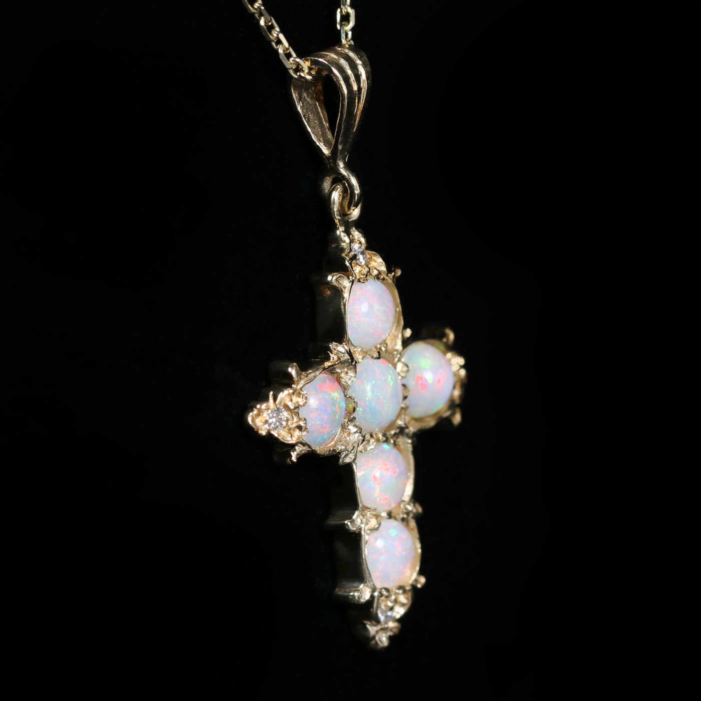 14K Yellow Gold Opal and Diamond Cross Pendant
