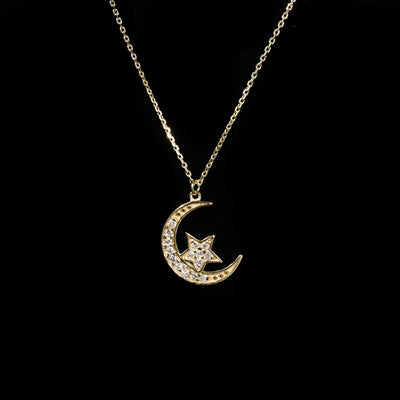 14k Yellow Gold Diamond Crescent Moon and Star Necklace