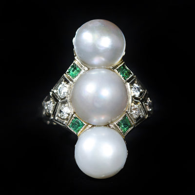 Art Deco 18K White Gold Pearl Diamond and Emerald Ring