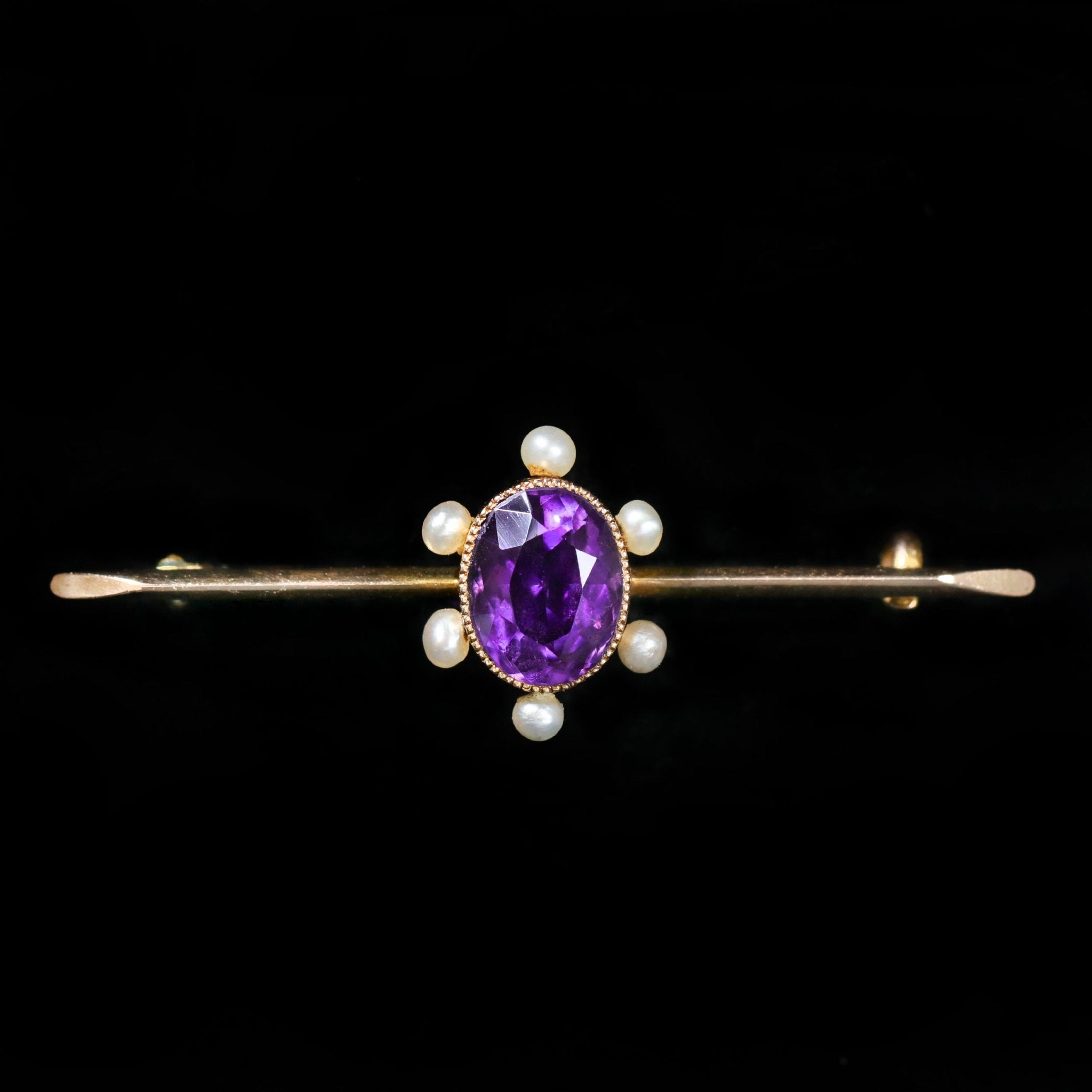 Victorian 15K Yellow Gold Amethyst and Pearl Bar Pin - Walton's Jewelry