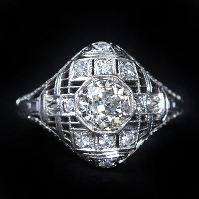 Art Deco Platinum 0.85 Carat Old European Cut Diamond Engagement Ring