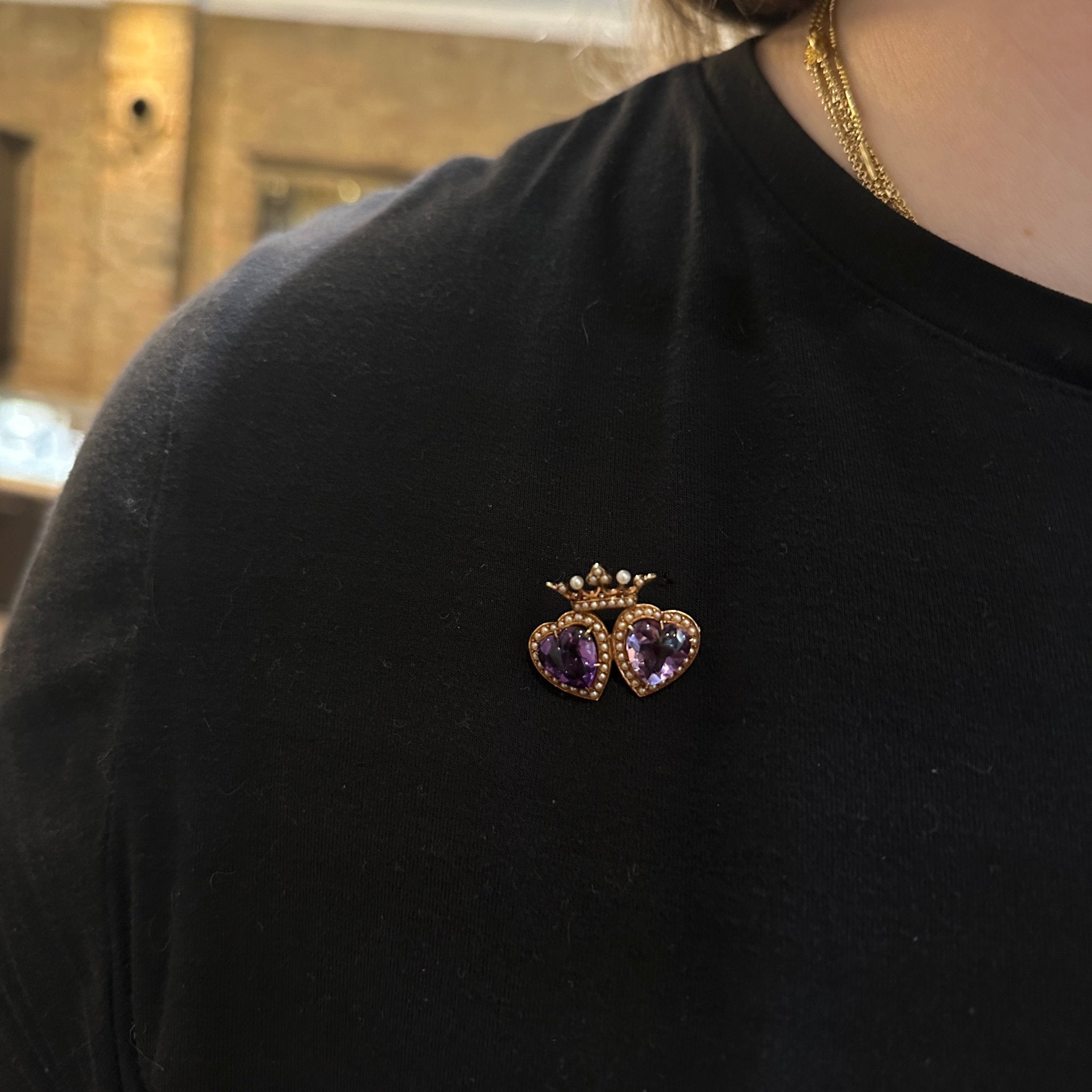Victorian 14k Yellow Gold Amethyst and Pearl Crowned Hearts Brooch - Walton's Jewelry