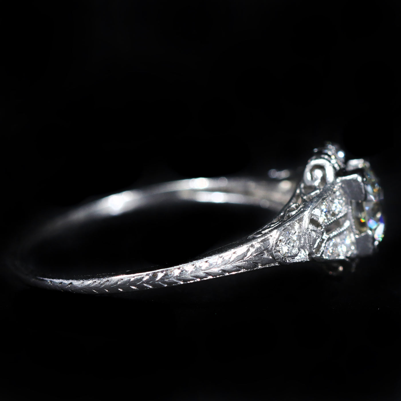 Art Deco Platinum 0.78 Carat Old European Cut Diamond Engagement Ring