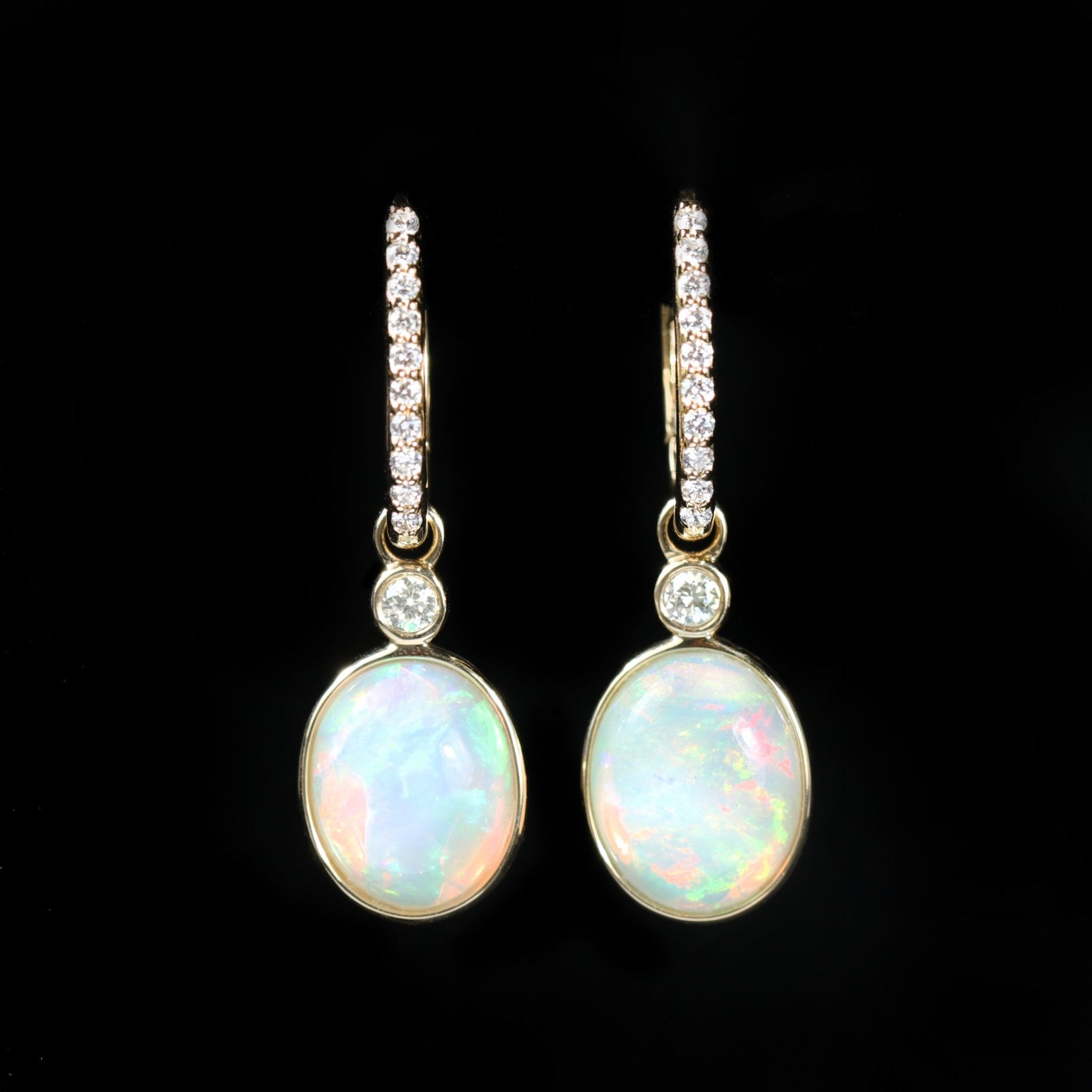 14K Yellow Gold 2.77 CTW Opal and Diamond Dangle Earrings - Walton's Jewelry