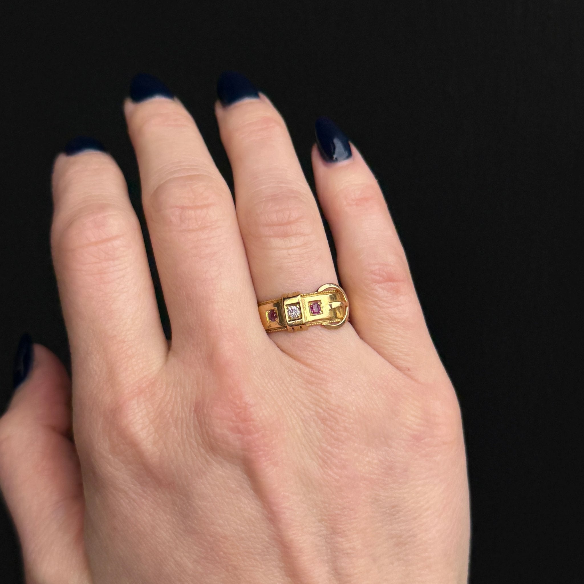 Victorian 18K Yellow Gold Diamond and Ruby Buckle Ring - Walton's Jewelry