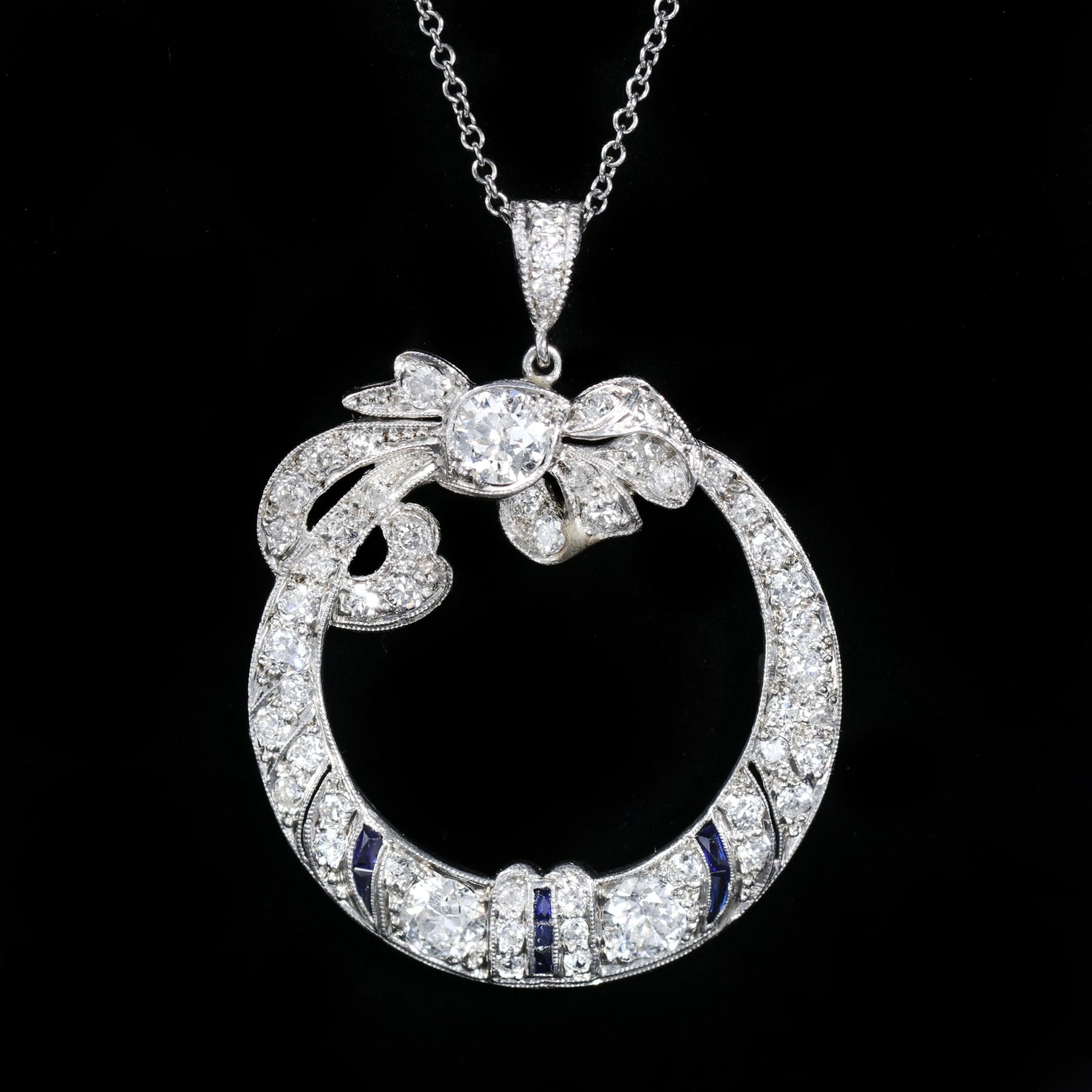 Art Deco Diamond and Sapphire Bow Wreath Necklace - Walton's Jewelry