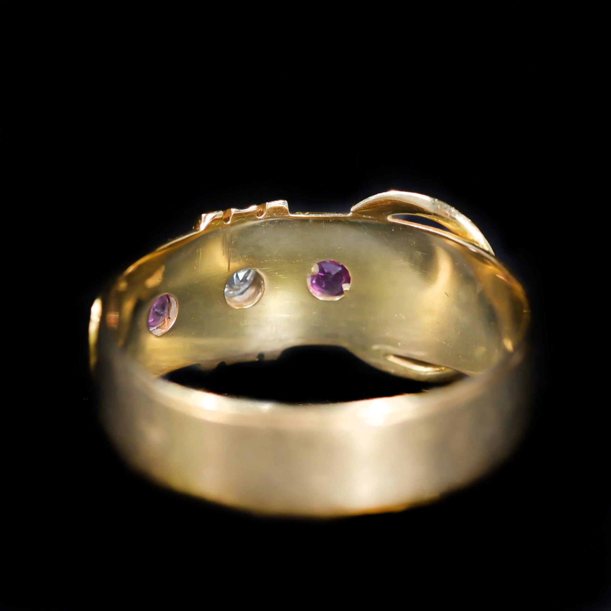 Victorian 18K Yellow Gold Diamond and Ruby Buckle Ring - Walton's Jewelry