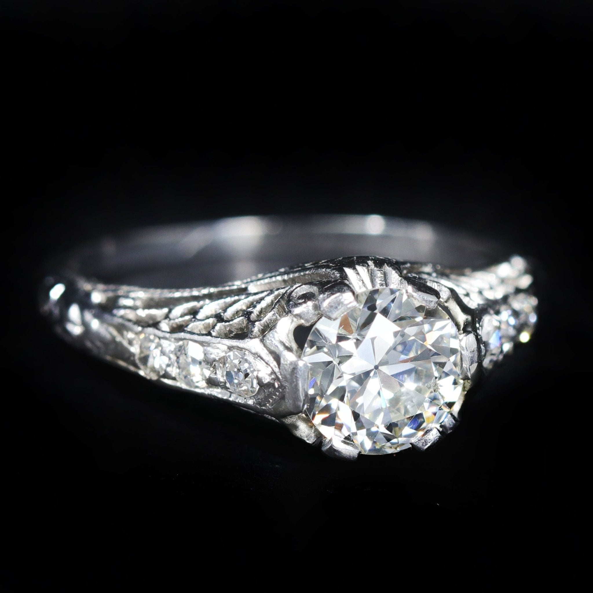 Art Deco Platinum 0.90 Carat Old European Cut Diamond Engagement Ring - Walton's Jewelry