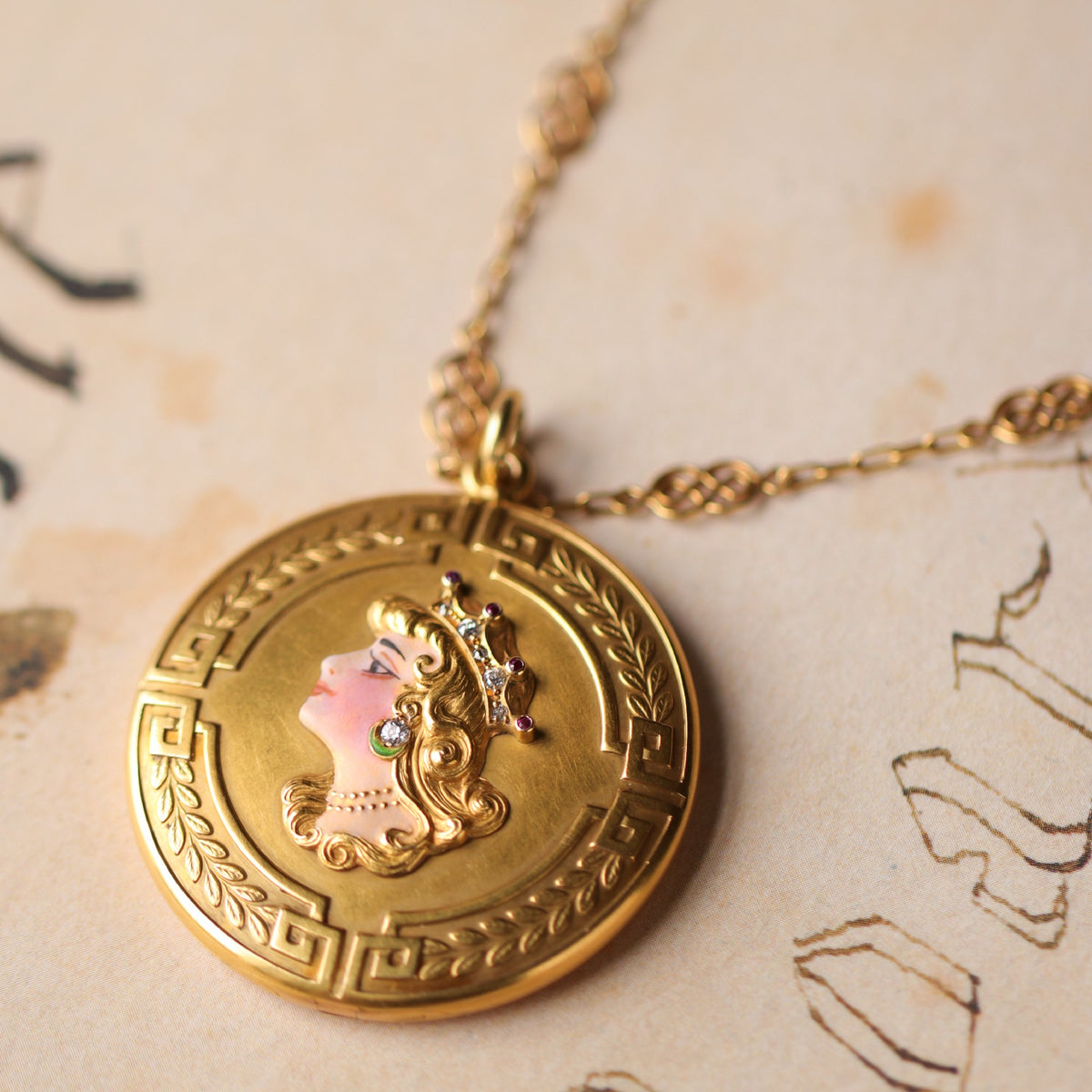 1854 Women\'s Locket, Tan Art Nouveau Diamond and Ruby Enamel Lady Locket Pendant  main image 4