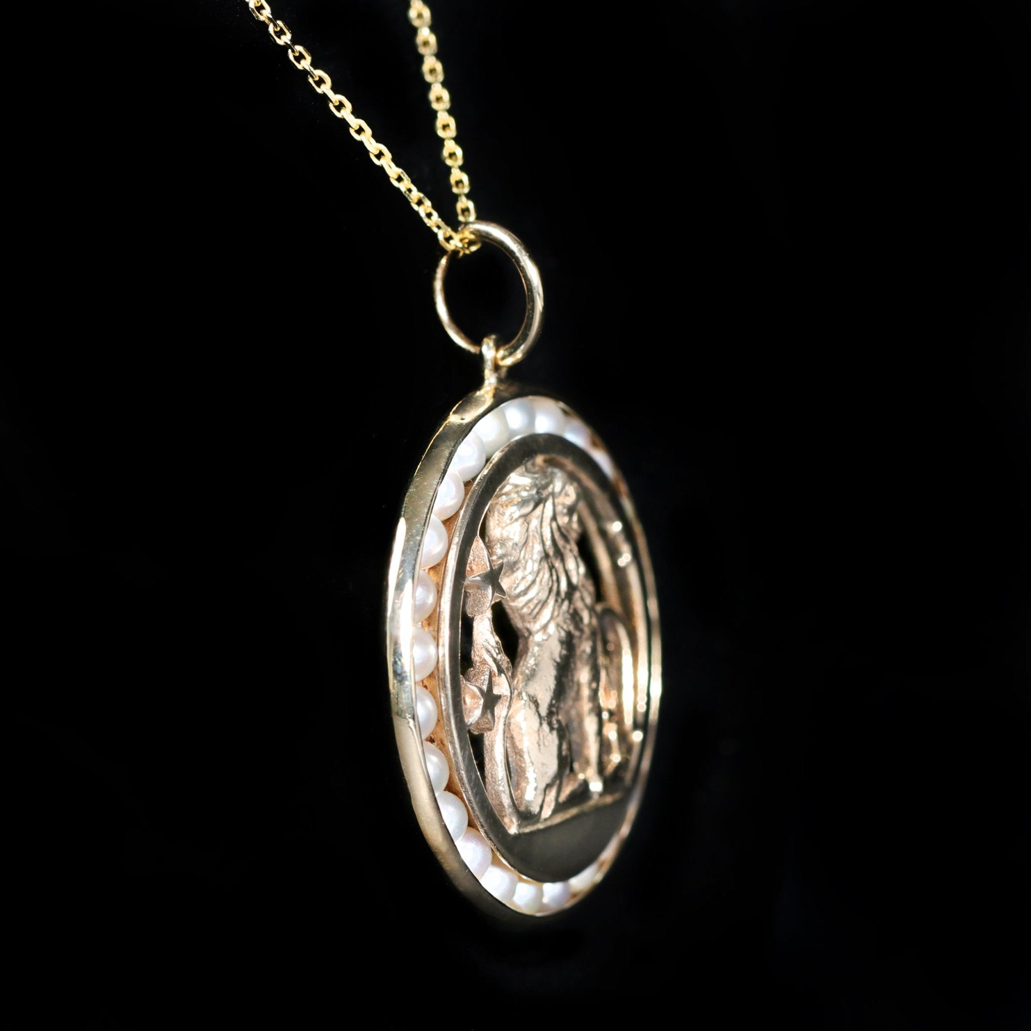 Estate 14K Yellow Gold Lion and Pearl Pendant - Walton's Jewelry